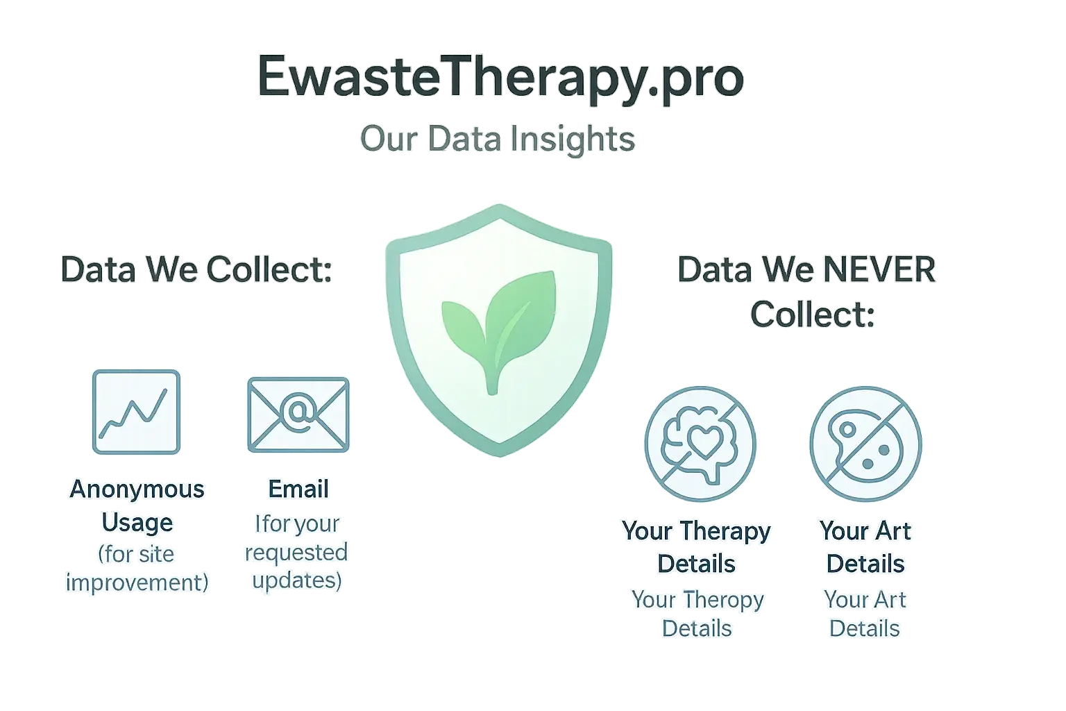Icons show EwasteTherapy.pro's minimal data: anonymous usage, newsletter email; sensitive data not collected.