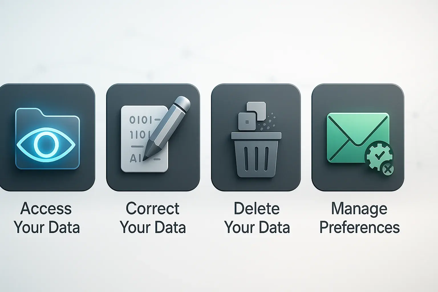 Infographic: User data control options: view (eye), edit (pencil), delete (trash can), manage preferences (envelope).