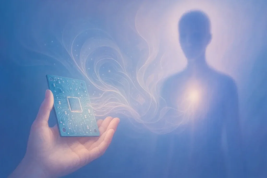 Hand gently holds glowing circuit board; light trails guide therapeutic creative energy to human silhouette.