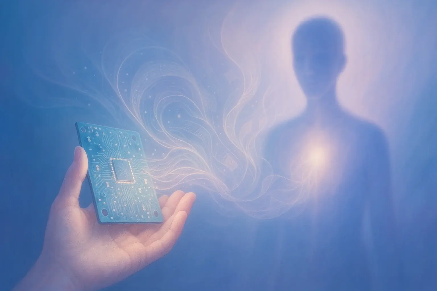 Hand gently holds glowing circuit board; light trails guide therapeutic creative energy to human silhouette.