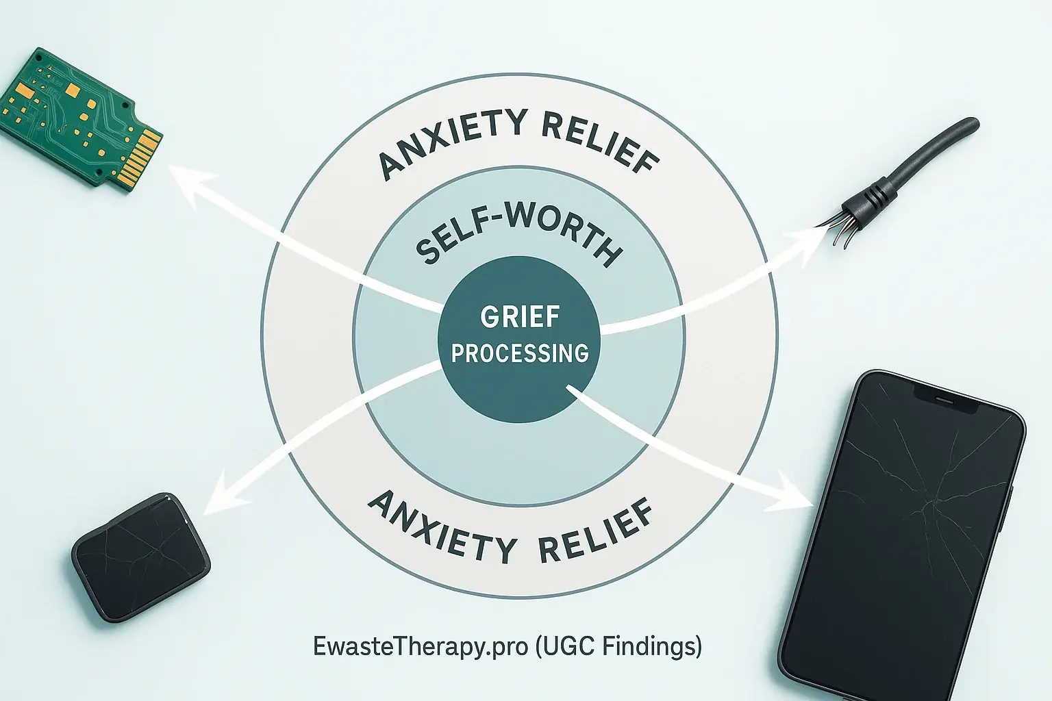 Infographic: E-waste arrows aim at a target with rings for therapeutic goals like 'Anxiety Relief' & 'Self-Worth'.