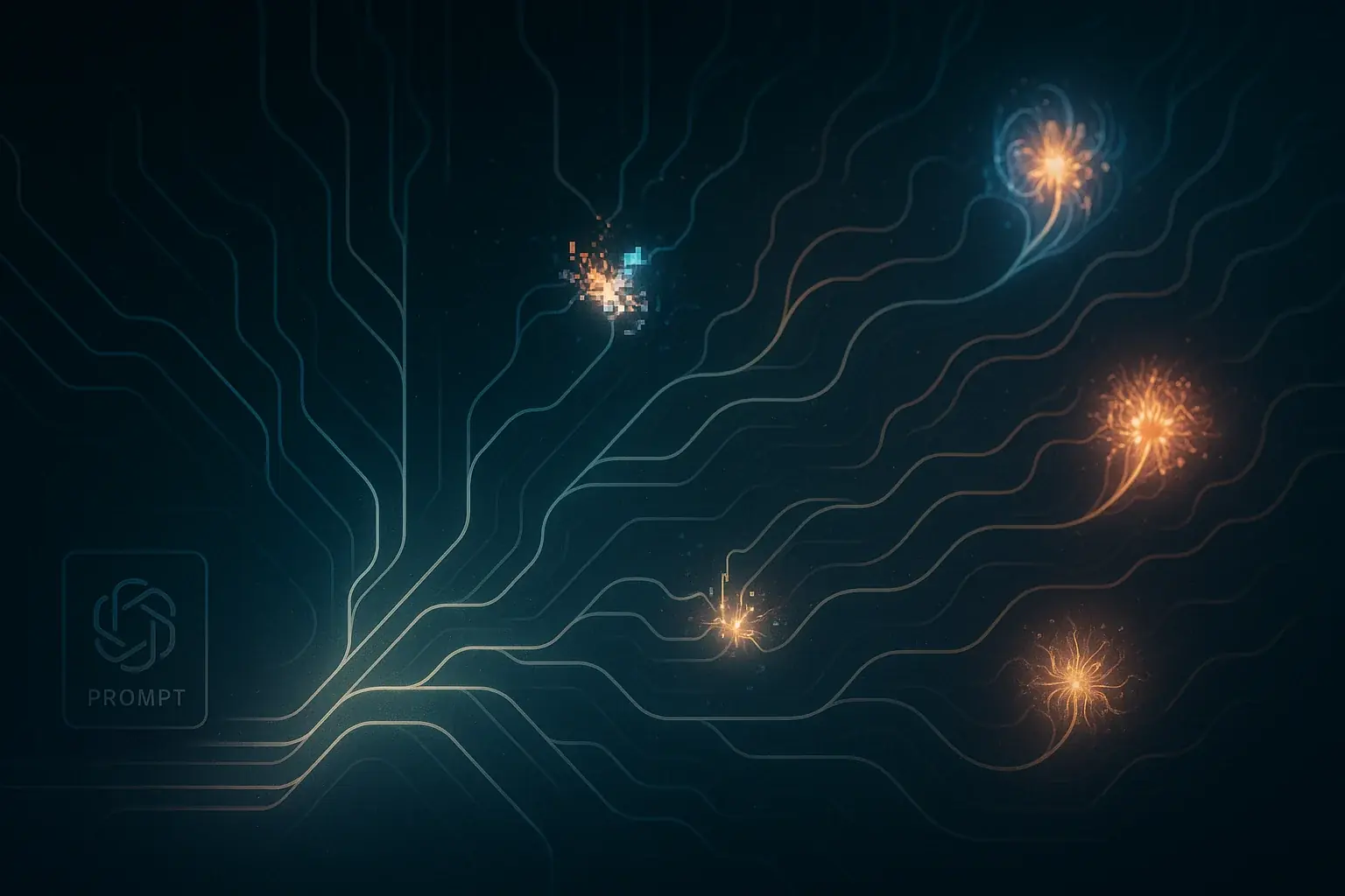 Winding, organic circuit path branches to multiple glowing, undefined destinations, fostering open-ended exploration.