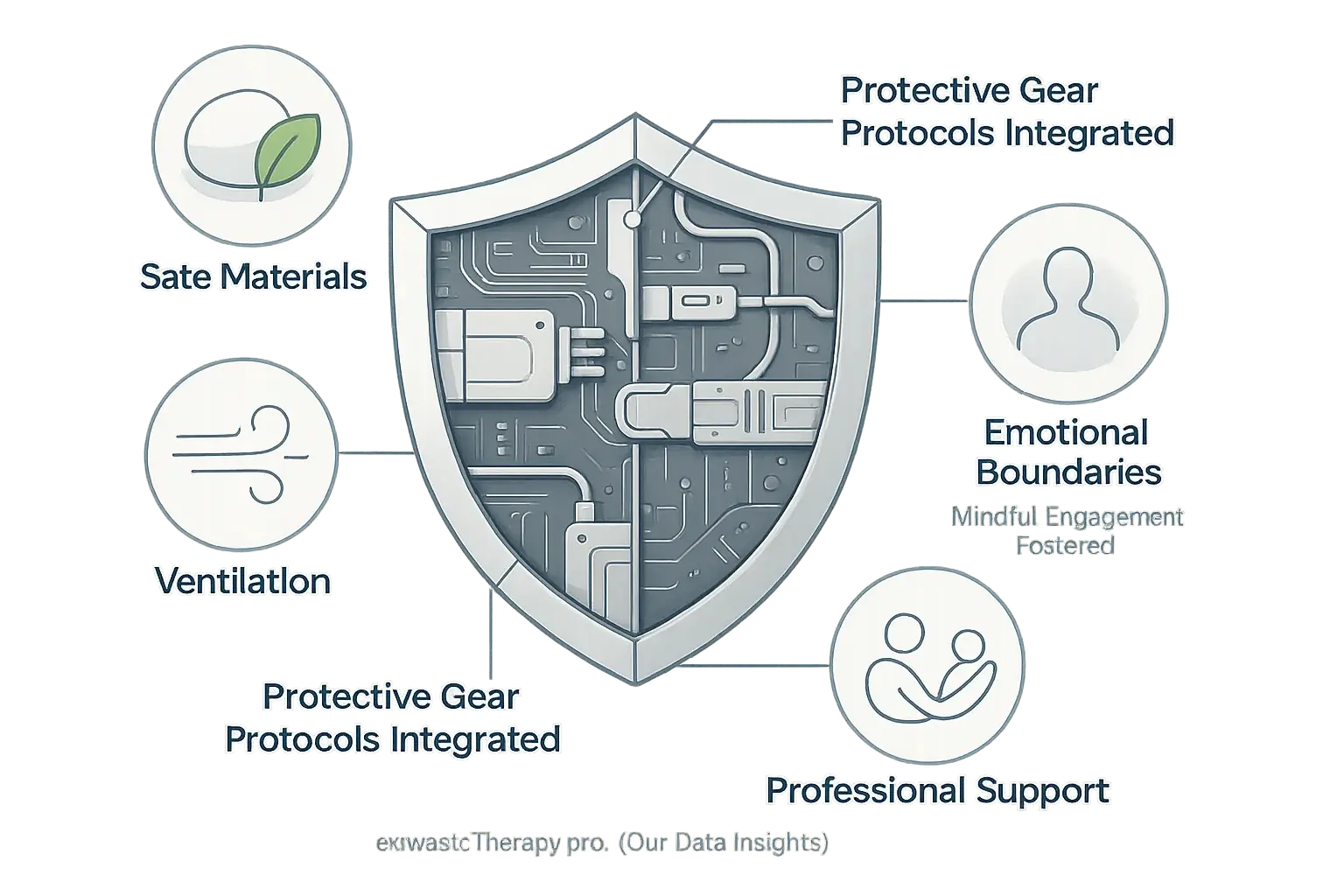 Interlocking e-waste shield; icons for safe materials, ventilation, emotional boundaries, support, show integrated safety.