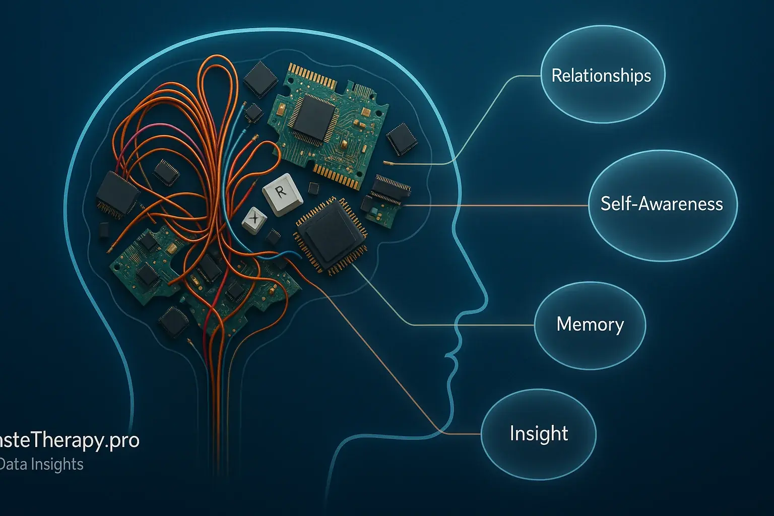 Abstract brain of e-waste components symbolically linked to concepts like 'Memory', 'Connection', 'Voice' in thought bubbles.