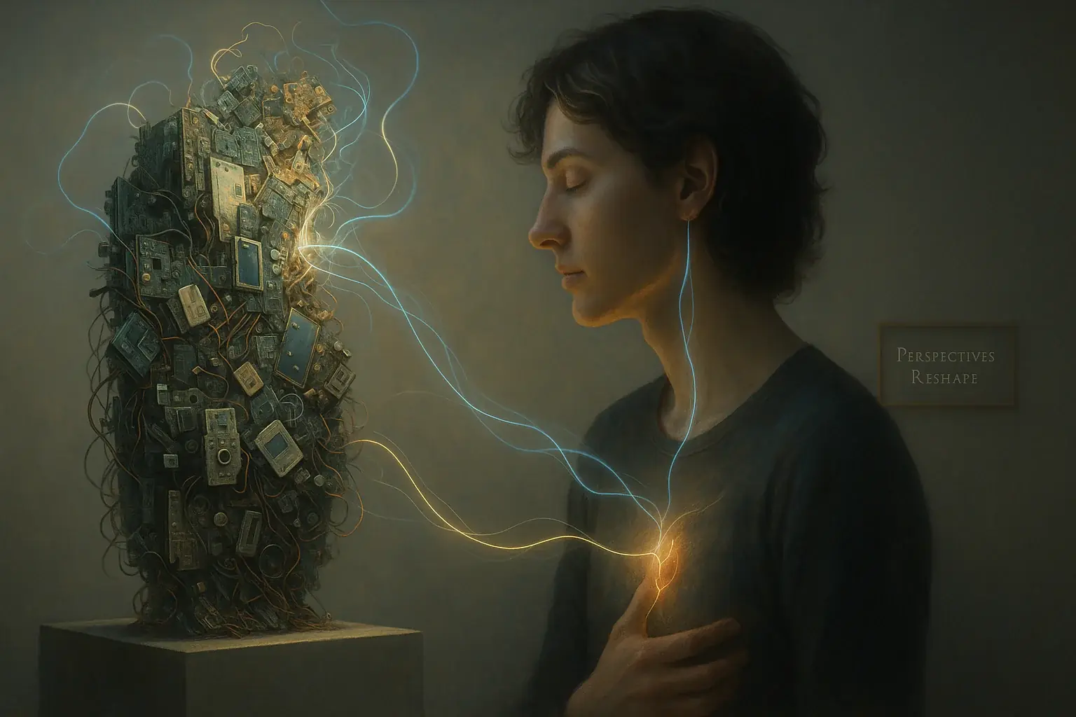 Thoughtful gaze at e-waste art; glowing lines to mind & heart symbolize profound healing insight & connection.