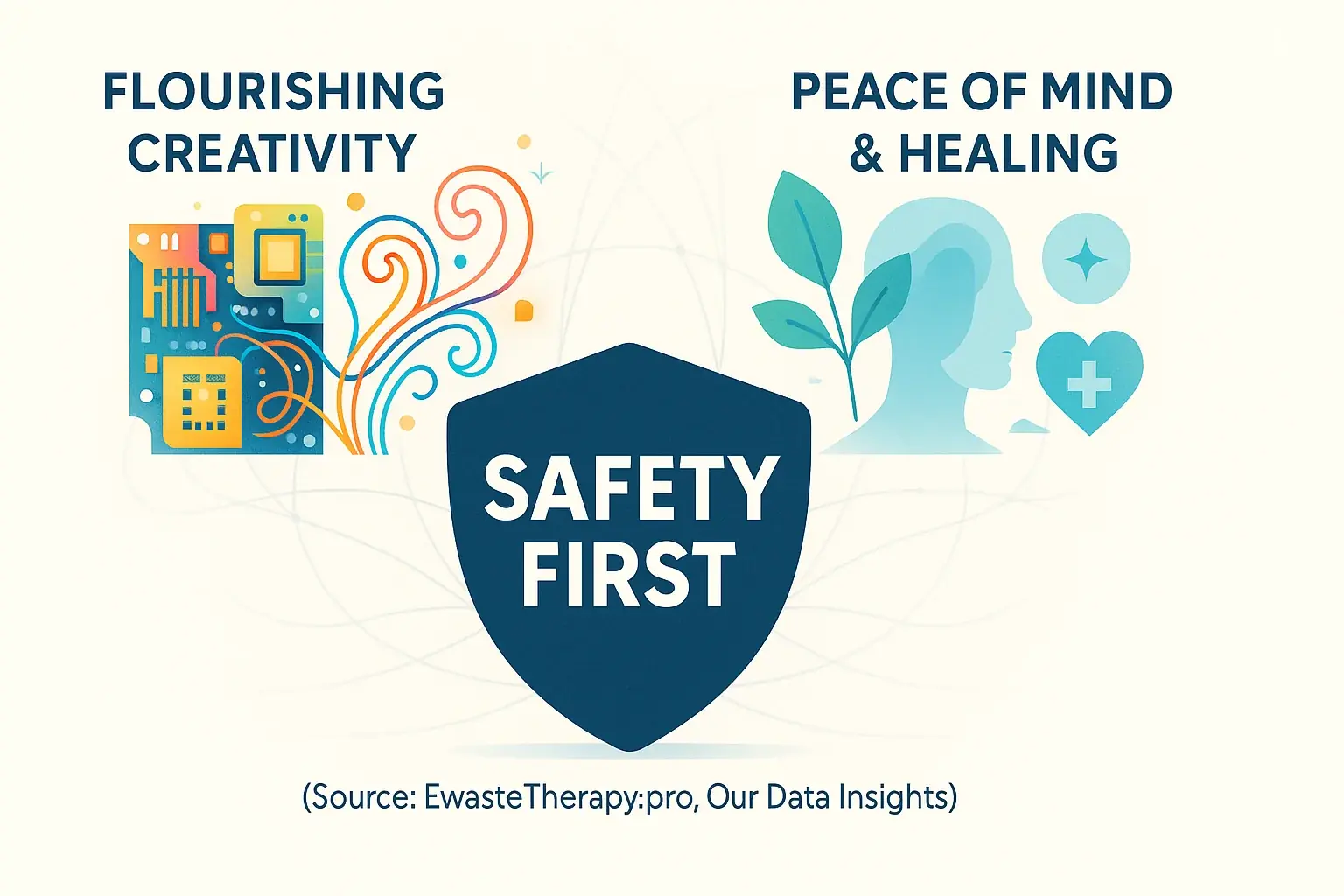 EwasteTherapy.pro's 'Safety First' philosophy: a visual balance of creativity, healing, and protective e-waste art measures.