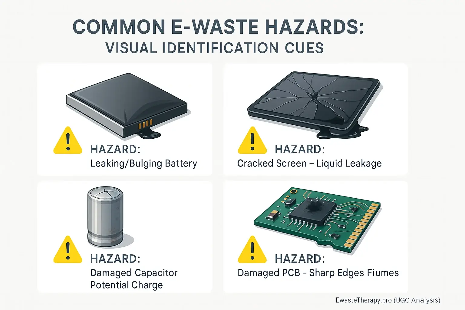 Identifying hazardous e-waste: Leaking batteries, broken screens, exposed capacitors shown with visual cues & warning