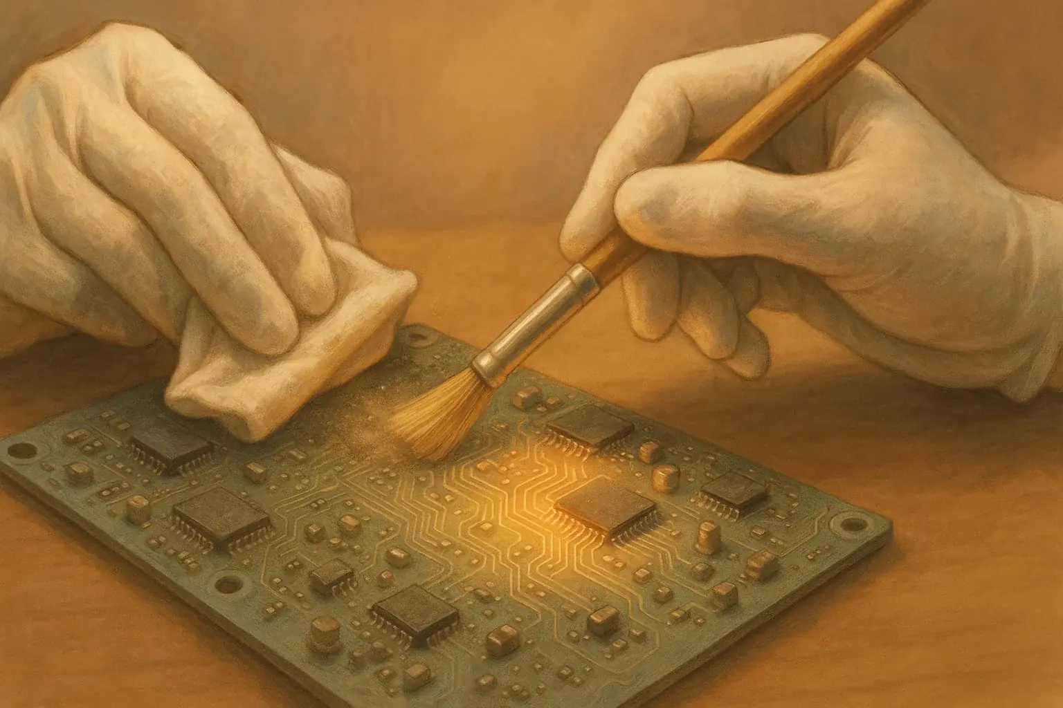 Hands performing a mindful, gentle cleaning ritual on e-waste components.