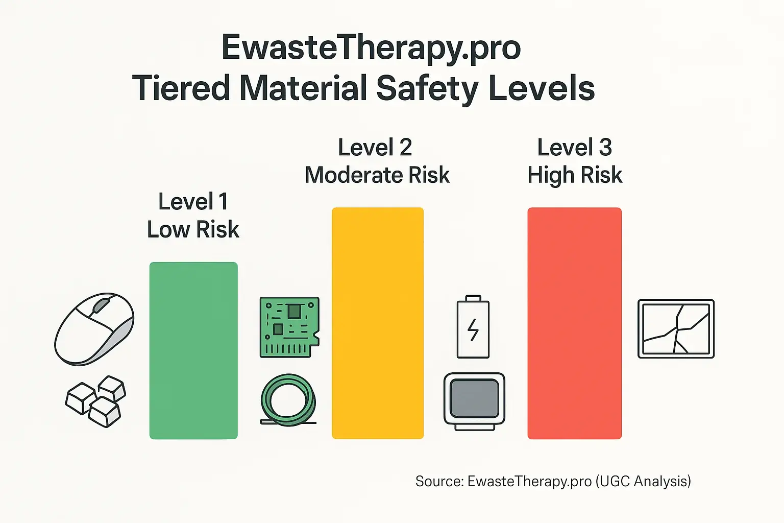 Chart of EwasteTherapy.pro's safety tiers for risk mitigation: L1 (Low: casings), L2 (Mod: PCBs), L3 (High: CRTs).