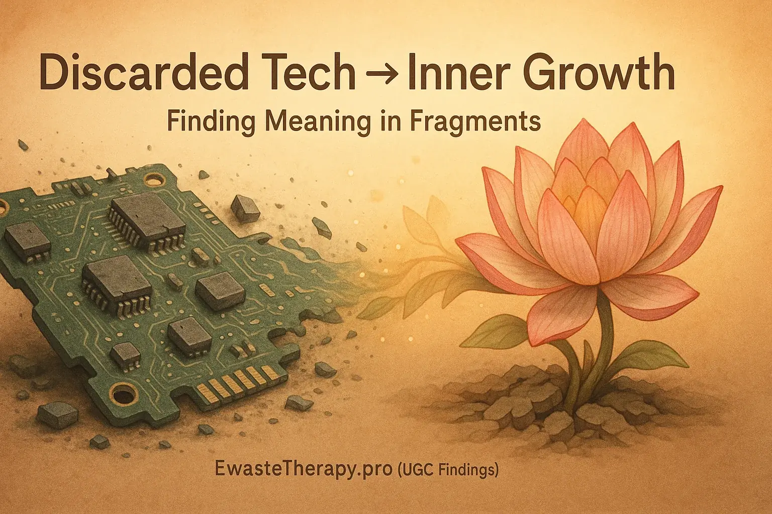 Infographic: Broken circuit board blooms. Texts 'Tech->Growth', 'Meaning in Fragments' show e-waste healing.