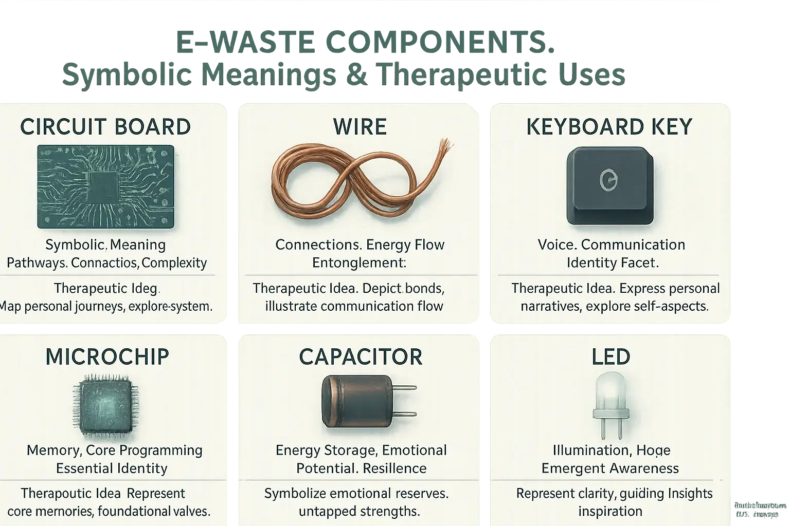 Symbolic glossary of e-waste components (circuit board, wire, key, chip, capacitor, LED) detailing their meanings &