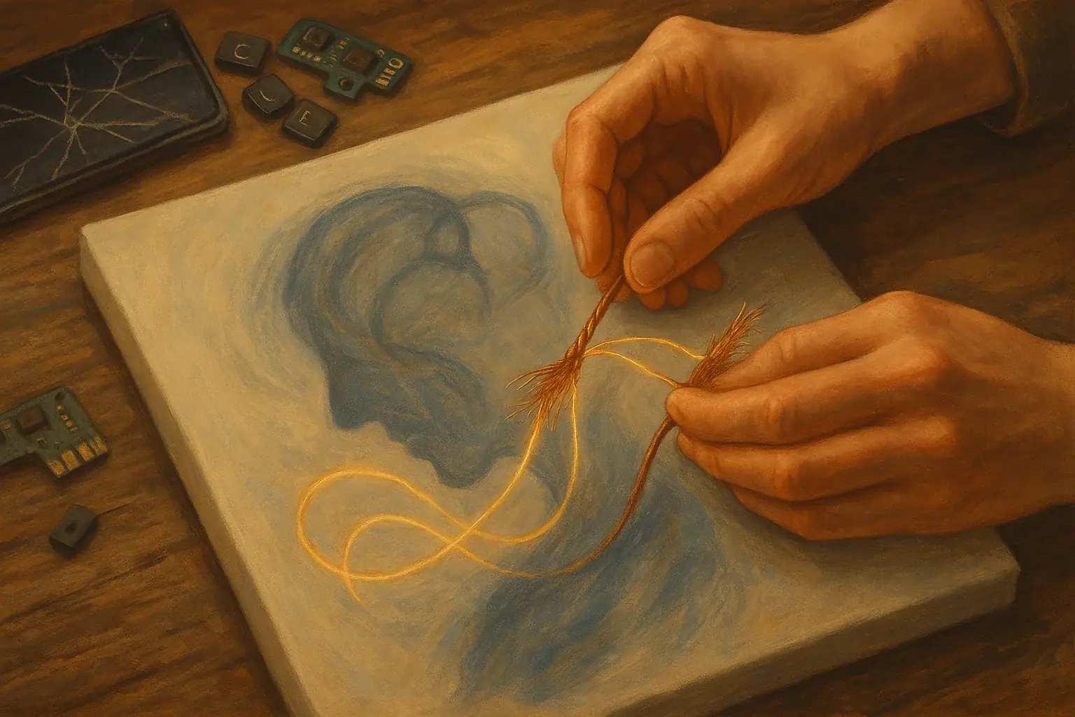 Person thoughtfully arranges e-waste on canvas, glowing lines to emotions, integrating therapeutic symbolic meaning.