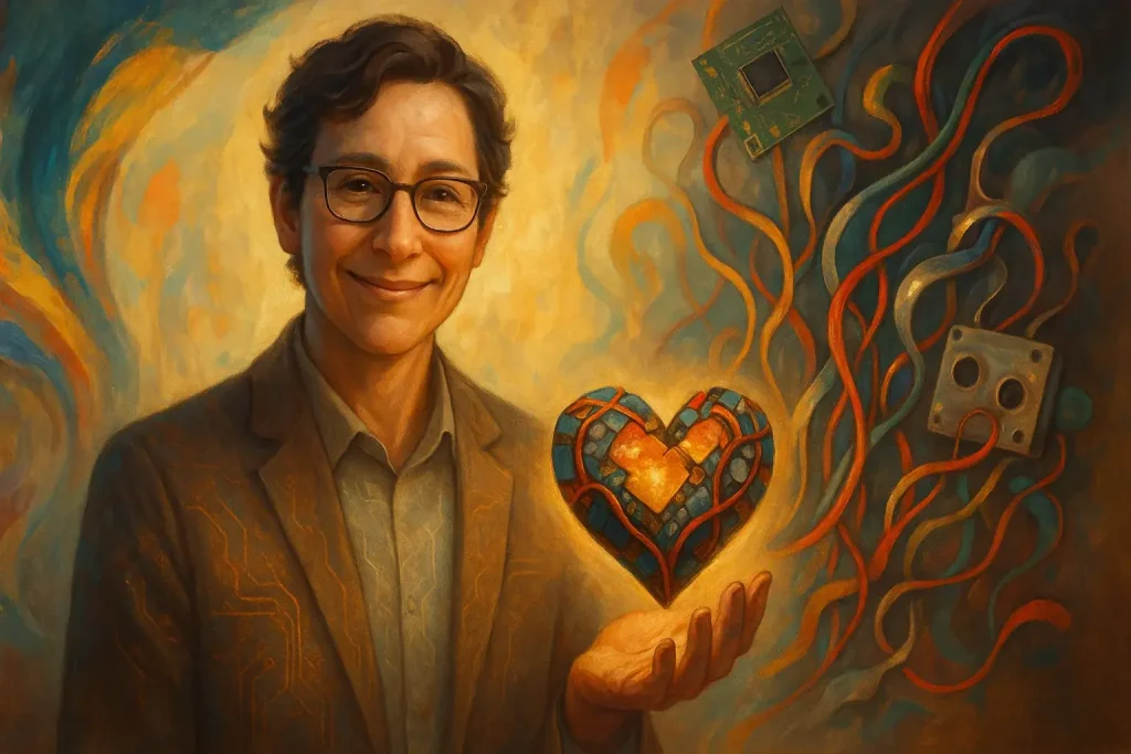 Lead art therapy visionary: warm, empathetic portrait integrating art, healing, and subtle technology motifs.