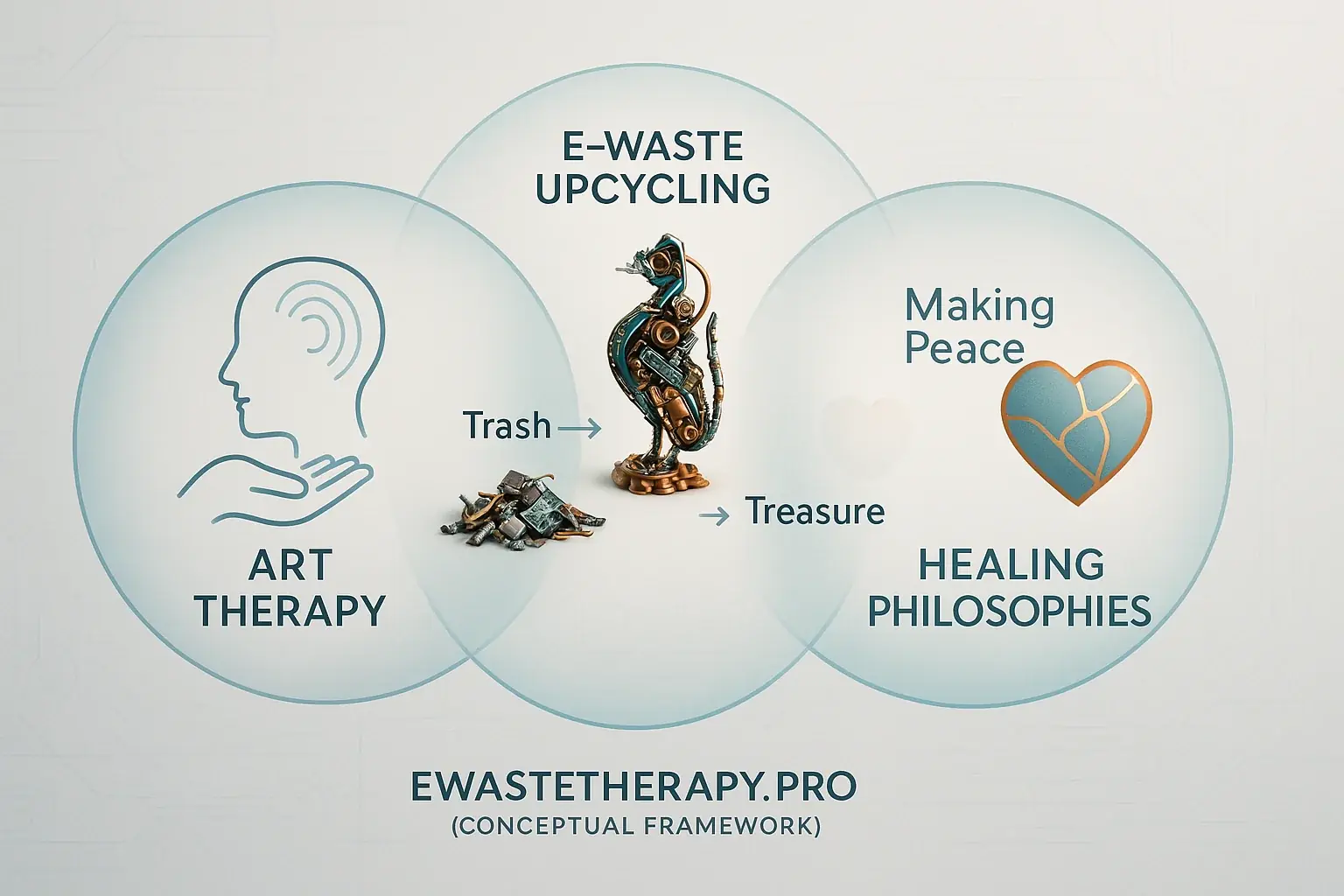 Infographic: Art Therapy, E-waste Upcycling, Healing Philosophies merge conceptually. Clean, professional, tech-inspired