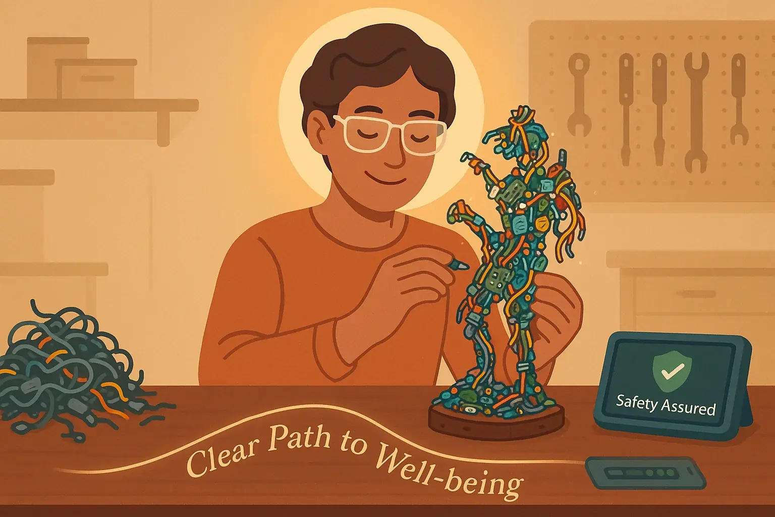 Empowered user, moving from confusion to clarity, safely creates e-waste art, radiating well-being & creativity.