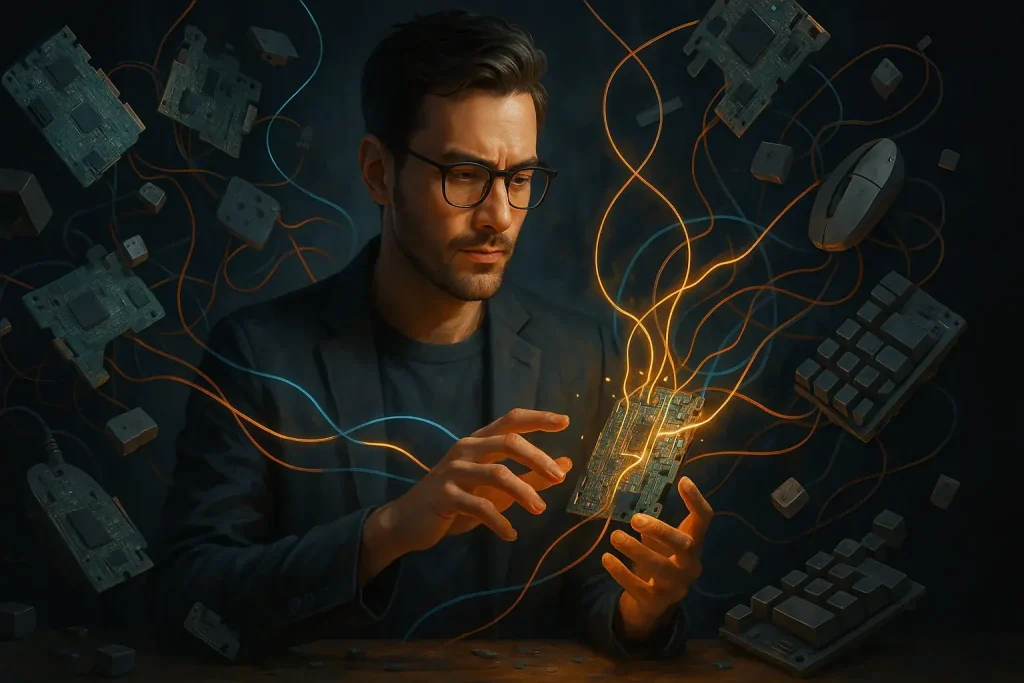 Artistic portrait: visionary creative director with abstract e-waste, glowing digital lines, innovating e-waste art.
