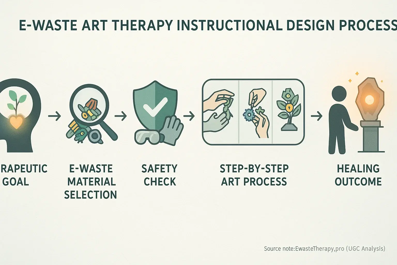 Instructional design flowchart for e-waste art therapy: Goal, Material, Safety, Art, Reflection, Healing.