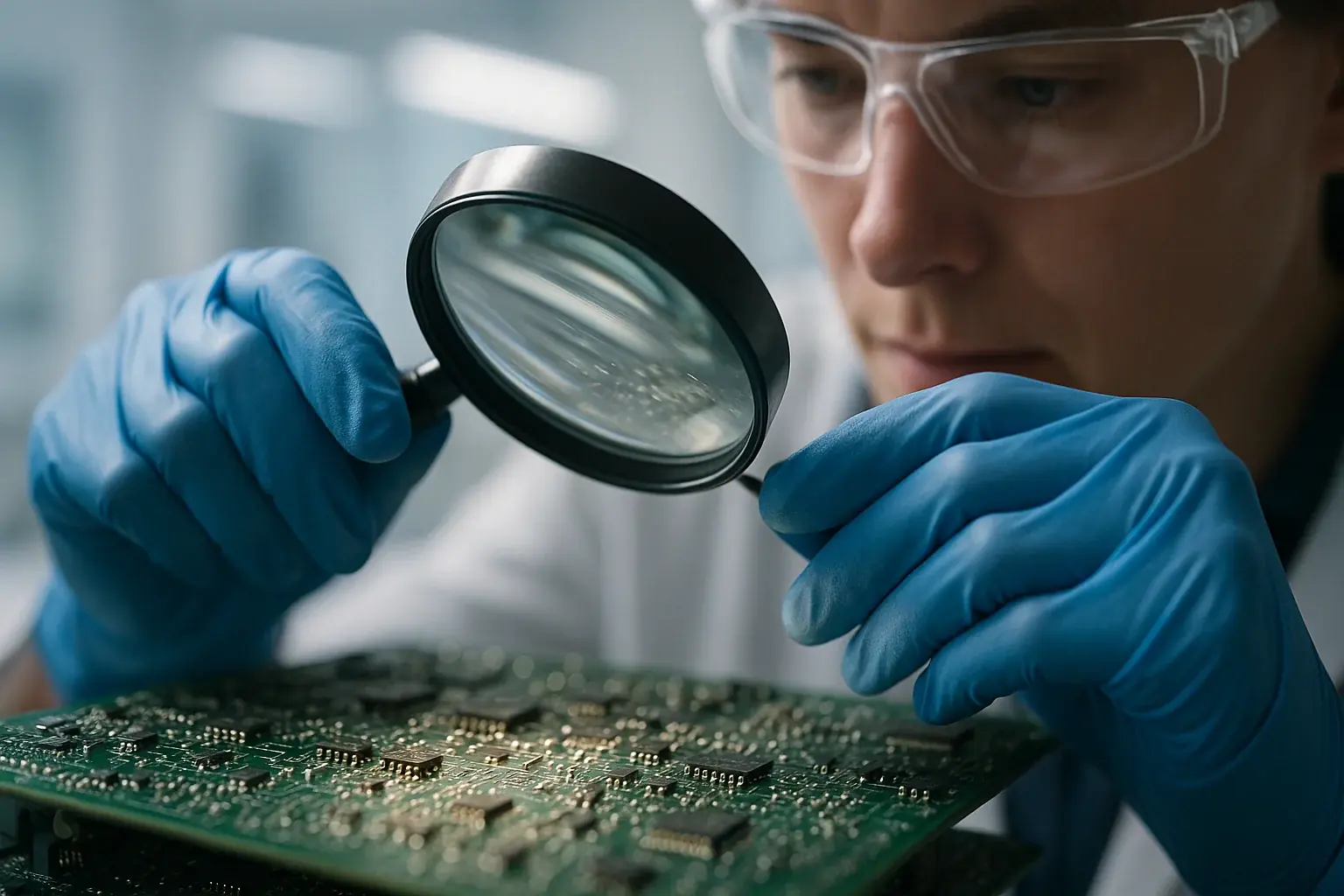 E-waste safety lead in protective gear meticulously inspects circuit board with magnifying glass.
