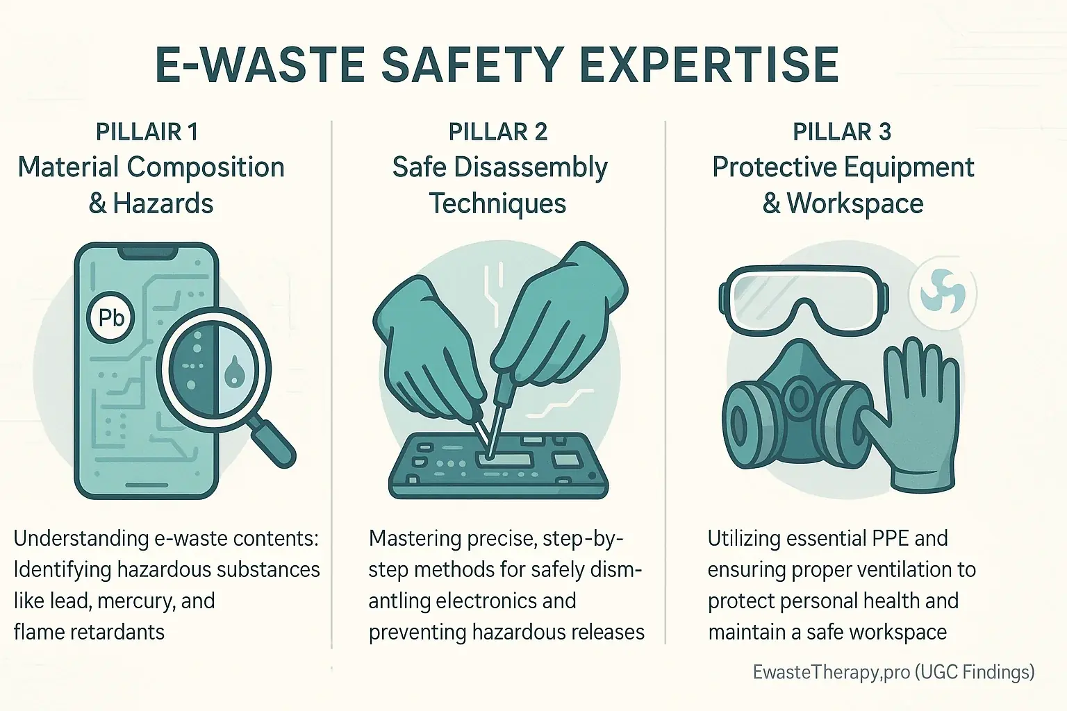 Infographic: Three e-waste safety pillars (icon & text): Material Hazards, Safe Disassembly, Protective Equipment.