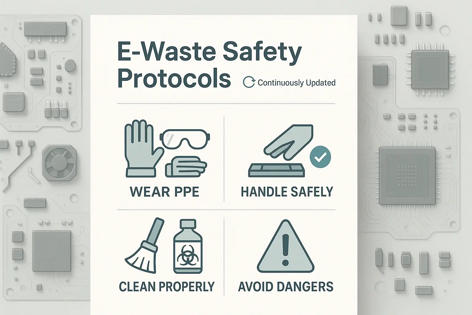 E-waste art safety checklist: clear icons on subtle e-waste component background, detailing practical safety steps.