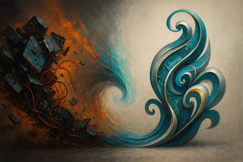 Abstract e-waste swirls, transforming anger into a vibrant, creative art piece.