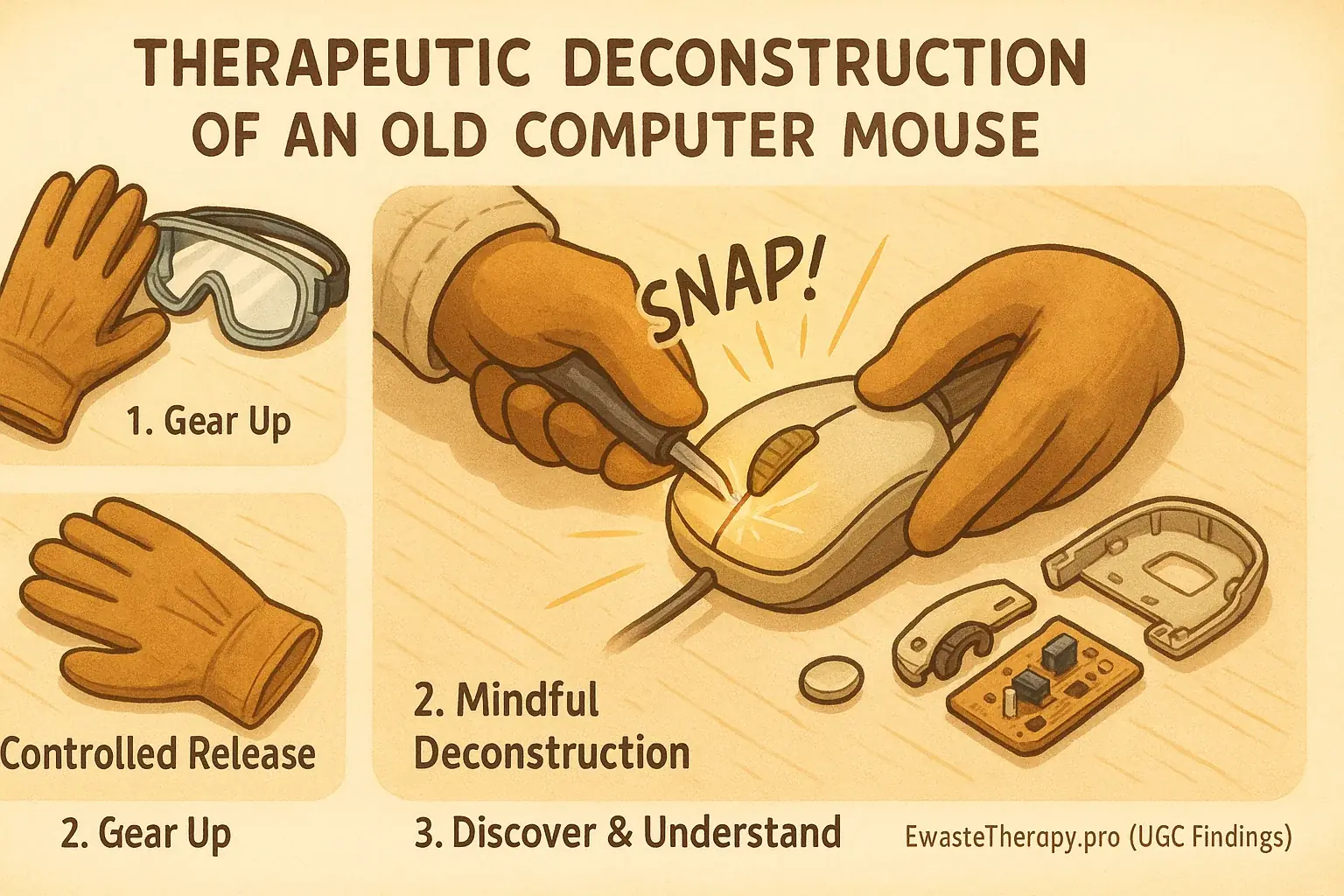 Infographic detailing therapeutic e-waste deconstruction: safe steps, gear, & symbolic release process.