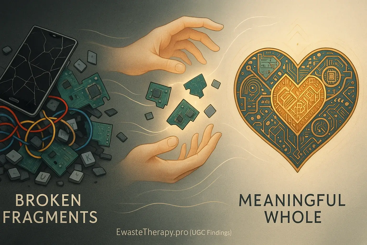 E-waste fragments transform into beautiful art, illustrating symbolic rebuilding to heal anger.