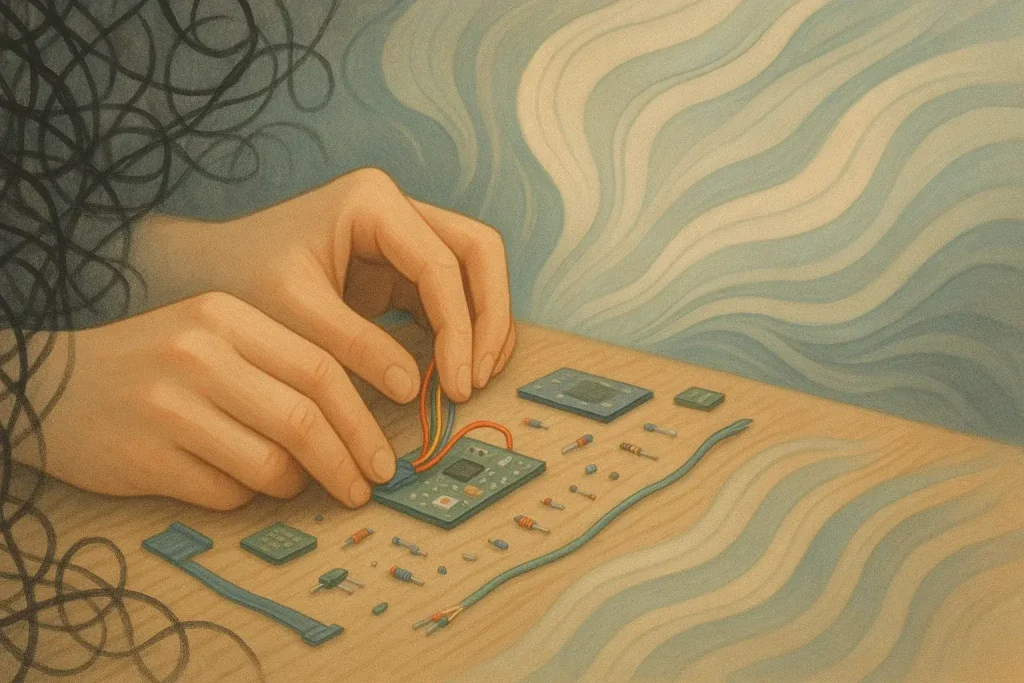 Hands meticulously assemble intricate e-waste components, untangling chaotic anxiety lines into calm, orderly patterns.