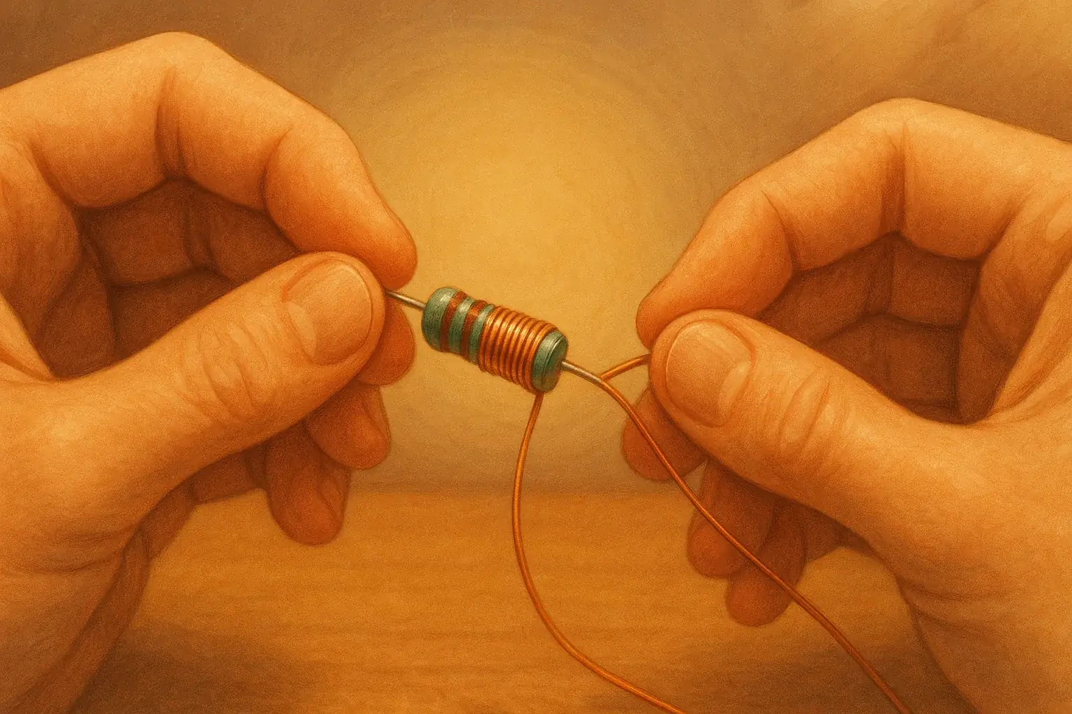 Mindful hands intricately wire-wrap small e-waste components. A soothing, repetitive motion creating calm via art.