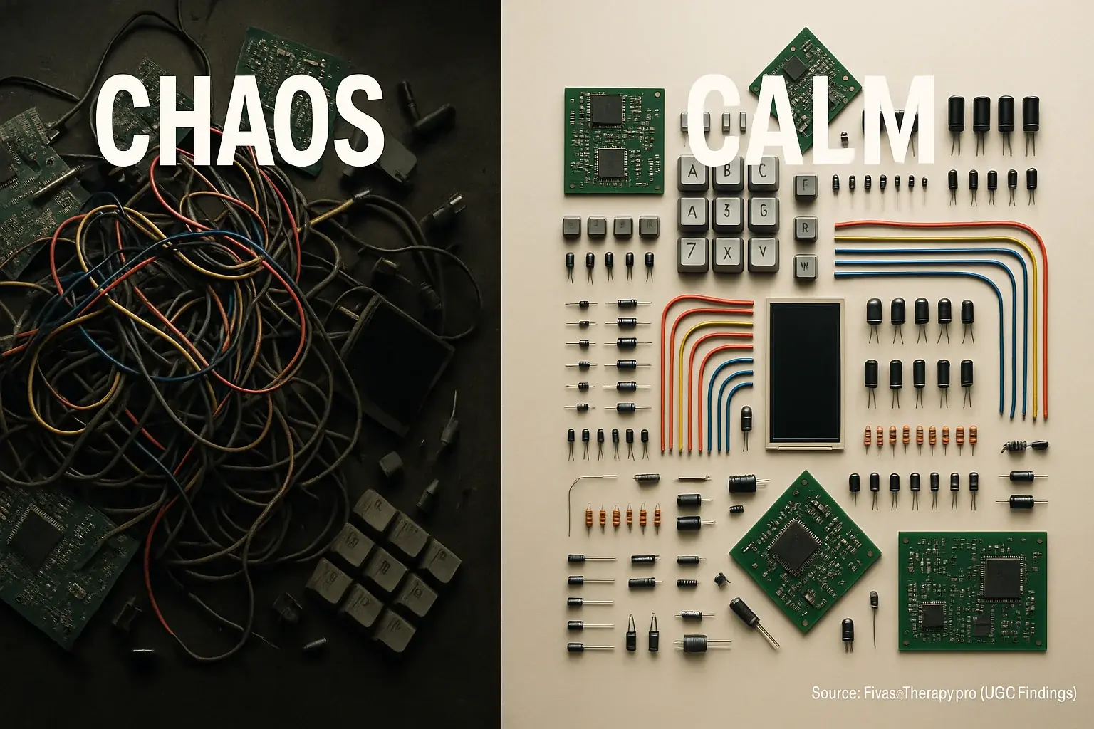 Infographic: E-waste transformed from a chaotic pile ('Chaos') to a symmetrical, calming art pattern ('Calm').