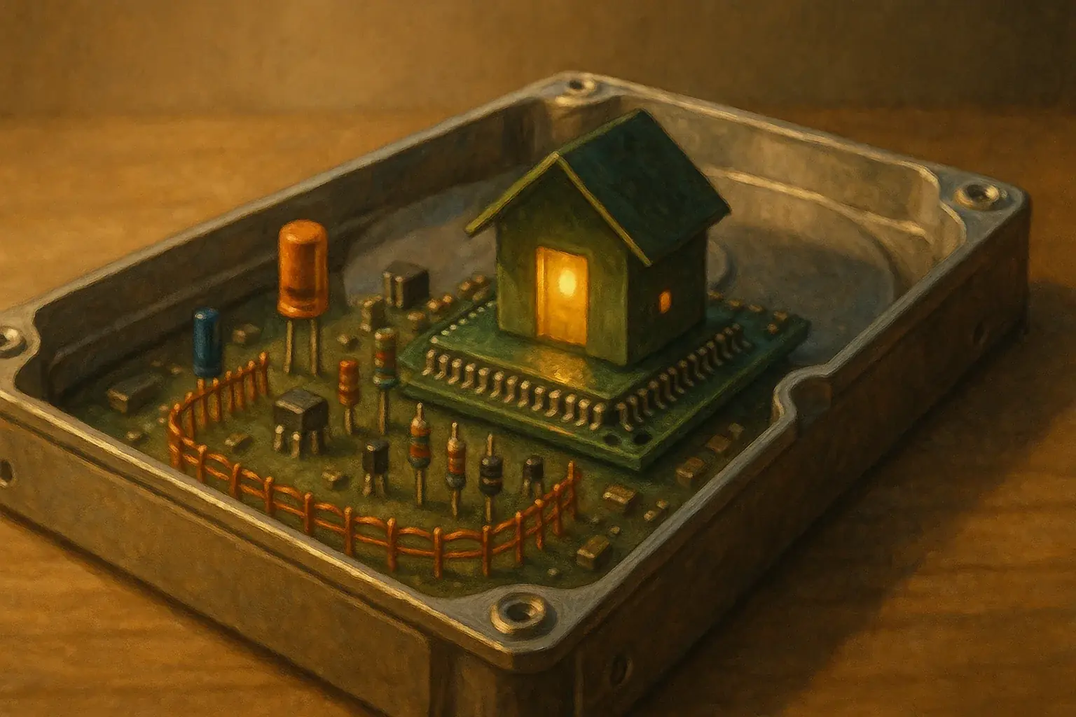 Intricate miniature diorama in clear e-waste casing: tiny, orderly components creating a secure, contained art haven.