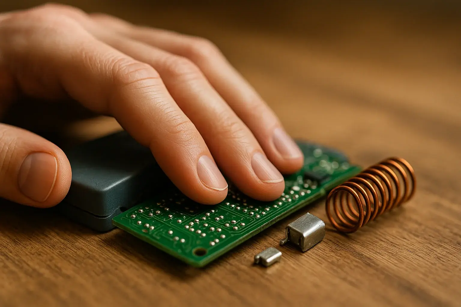 Hand gently touching e-waste: smooth plastic, rough circuit board, coiled wire, metal, for tactile grounding.