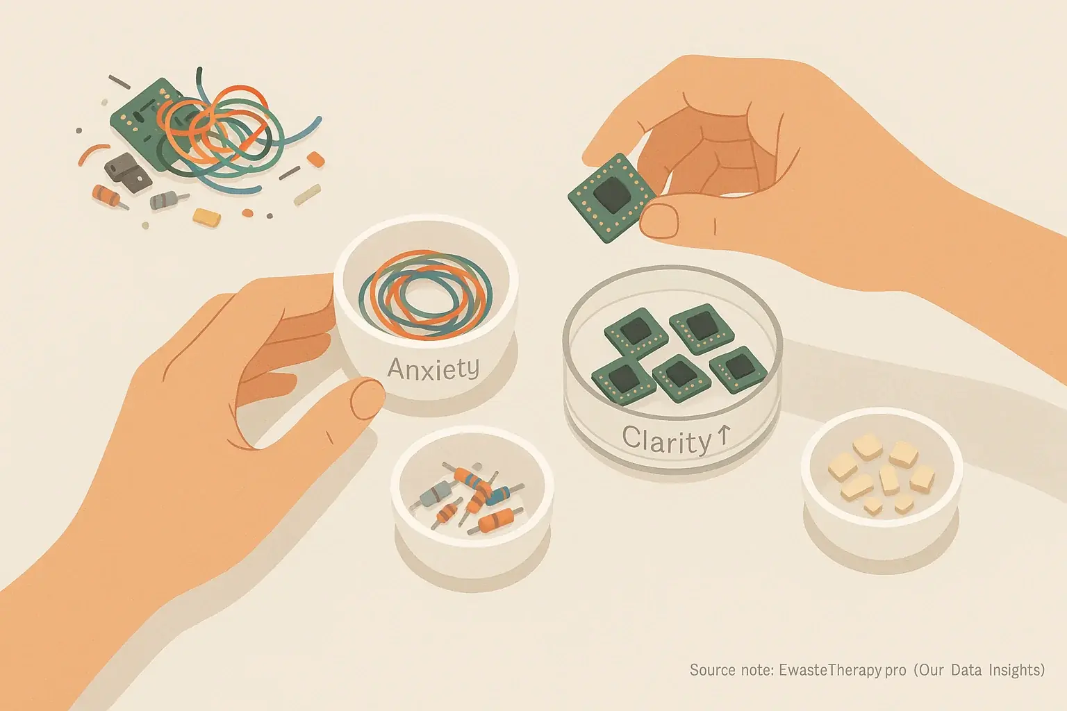 Overhead view of hands meticulously sorting e-waste (chips, wires, resistors) into organized piles for mindful clarity.