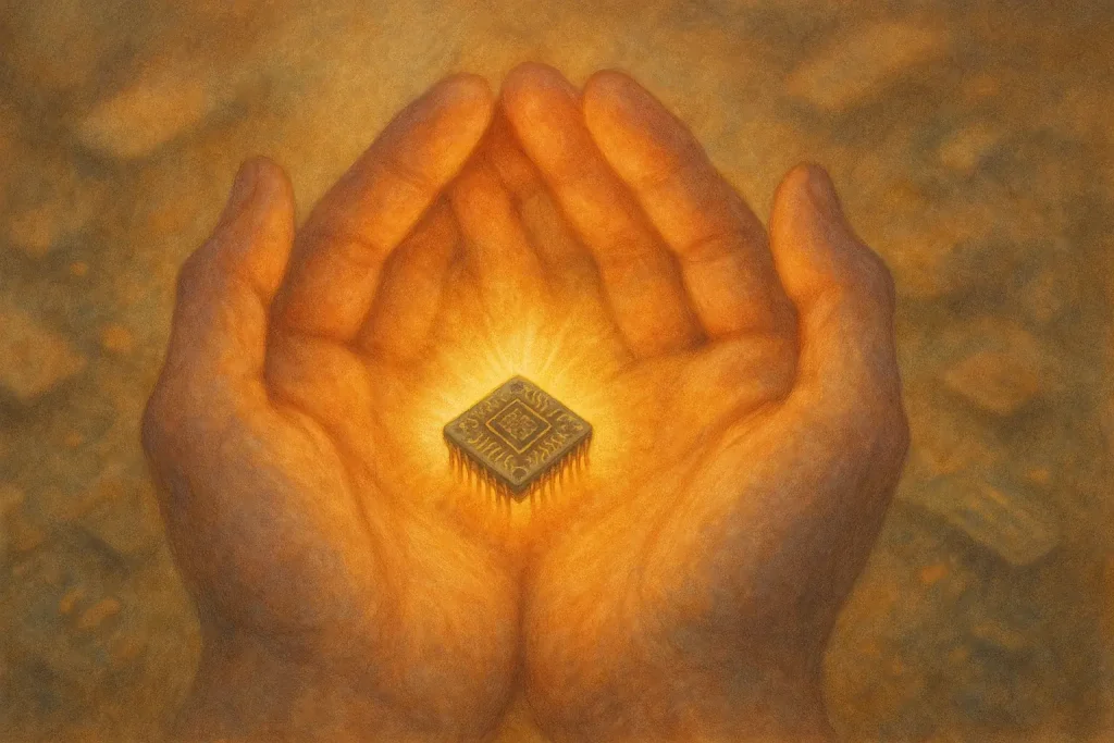 Hand gently holds an intricate e-waste chip, glowing warmly, symbolizing gratitude for unseen technological beauty.