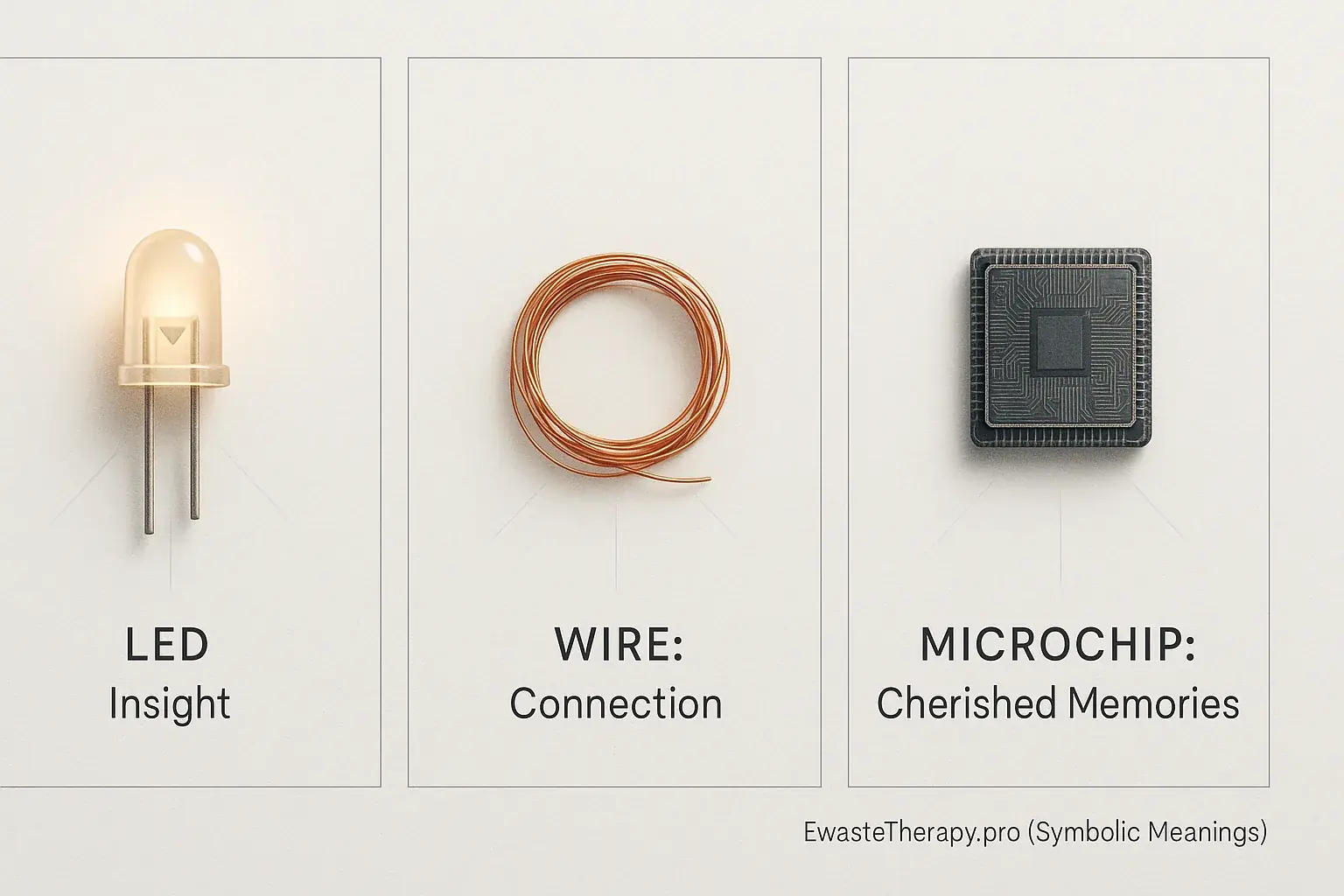 E-waste LED (insight), wire (connection), & chip (memory) visually presented as symbols of gratitude & blessings.