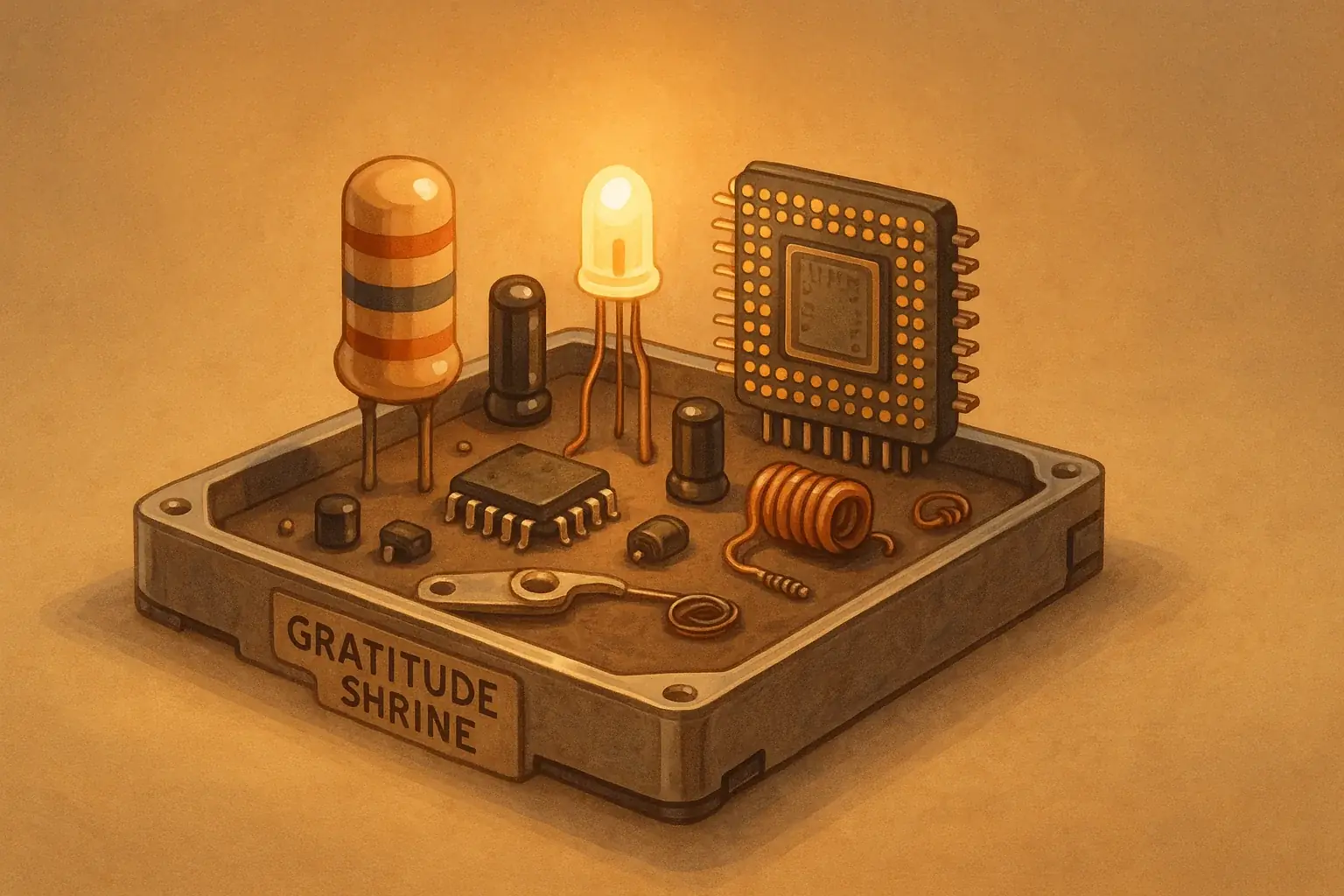 E-waste tech parts artfully arranged into an inspiring gratitude shrine with glowing LED; tangible thankfulness.