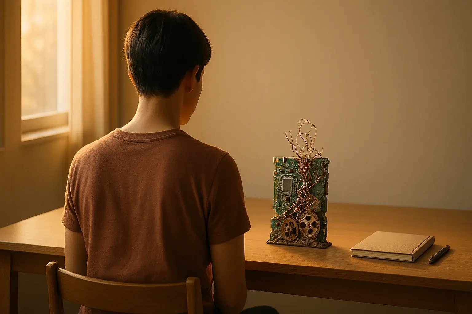 Person from behind at desk, contemplating a small e-waste art piece, deepening gratitude.