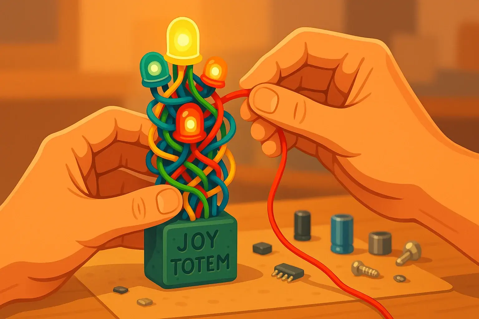 Joyful hands assembling a vibrant e-waste artwork, glowing with light.