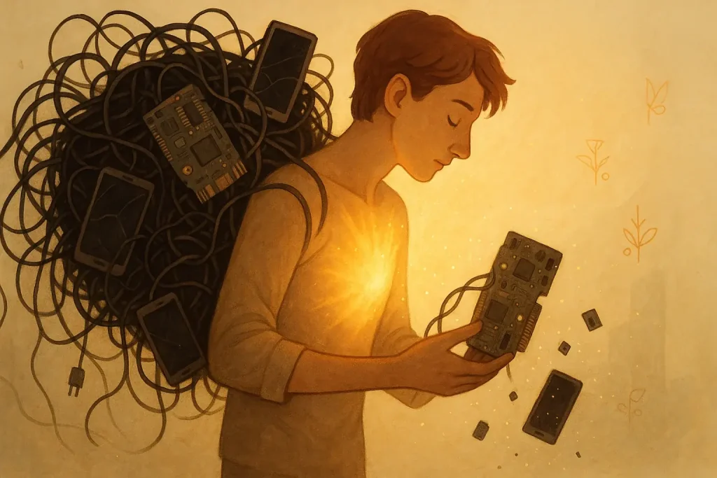 Person slowly unburdens from tangled wires & broken tech, light emerging, symbolizing well-being through letting go.