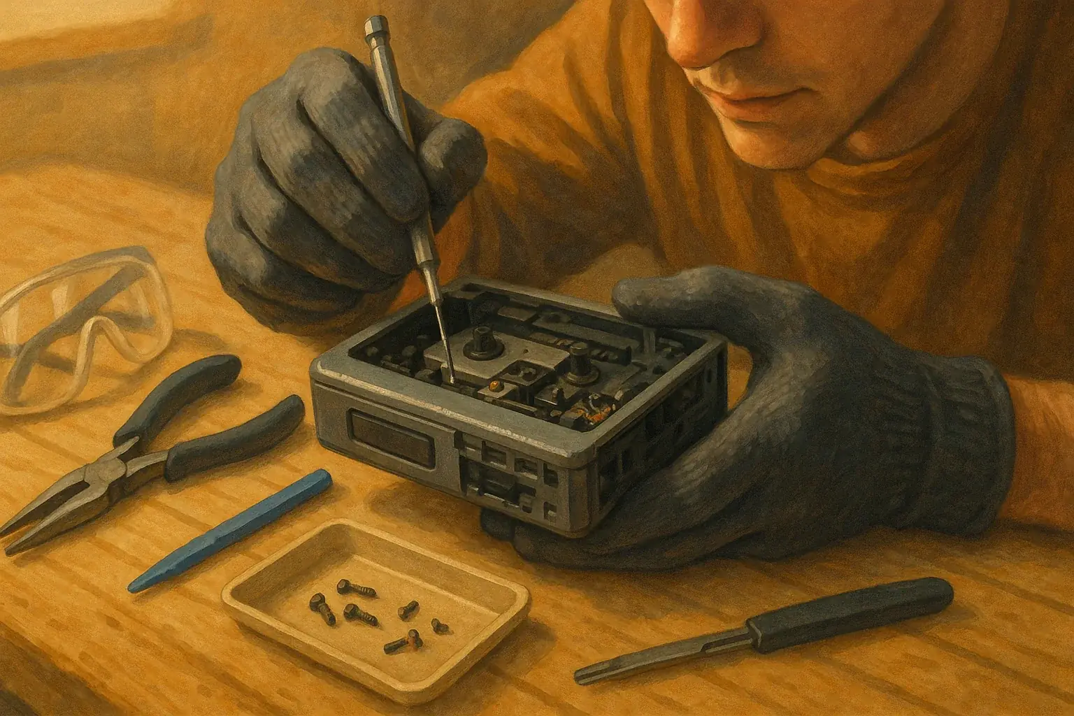 Illustrated serene hands mindfully deconstruct old tech, tools aside, for a safe, focused, ritualistic teardown.