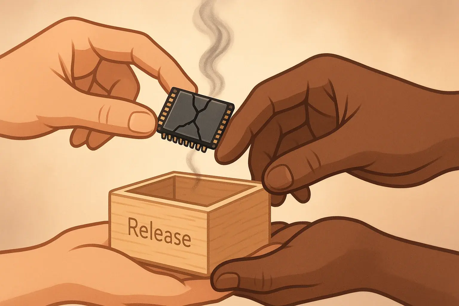 Hands gently place a symbolic microchip into a box, releasing emotional weight through e-waste art.