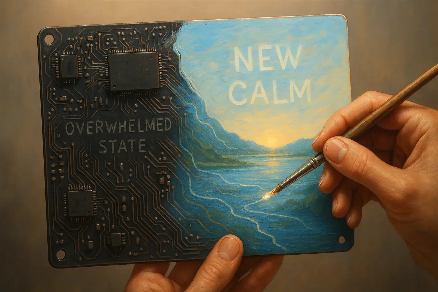Dark, broken e-waste chip reborn as a vibrant element in hopeful artwork.