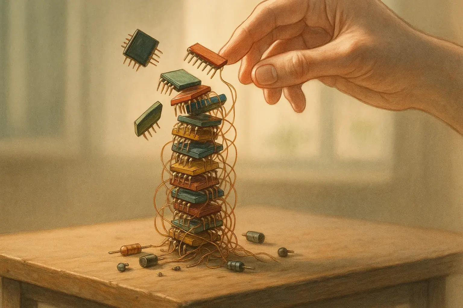 Delicate, ephemeral e-waste art gently washes away, symbolizing impermanence and healing release.