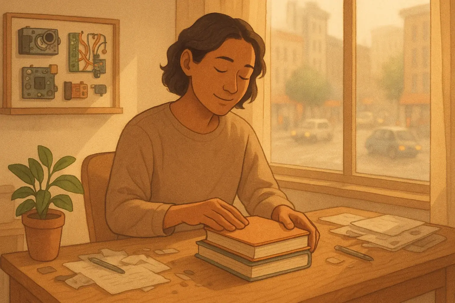 Person calmly navigates daily clutter, serene face reflecting the inner peace of letting go.