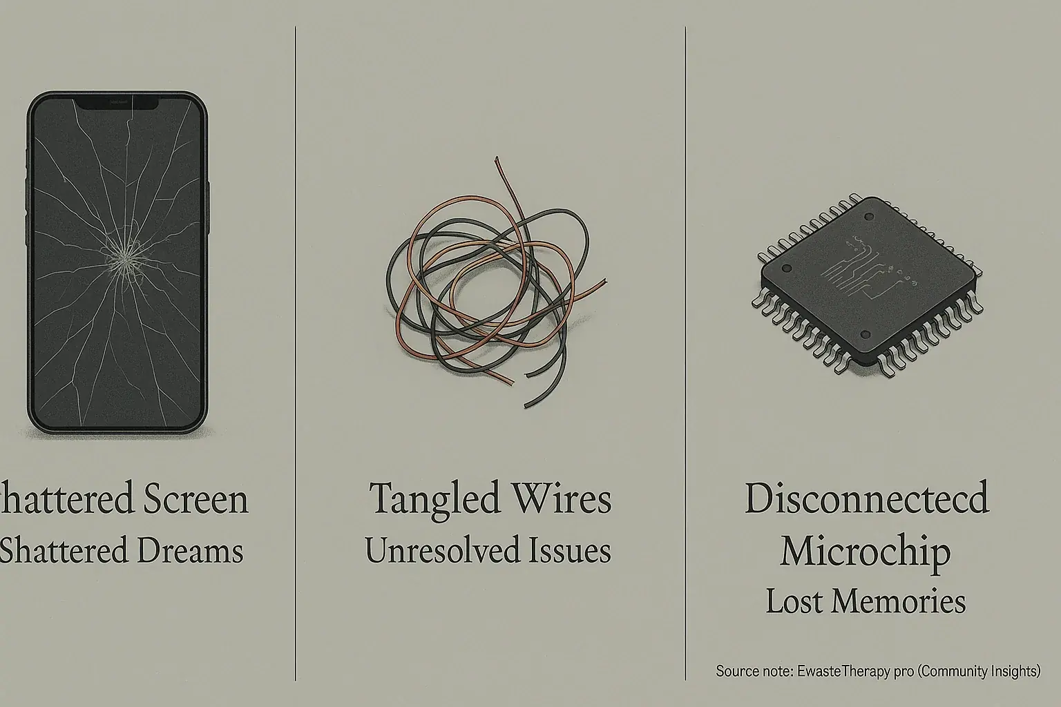 Broken tech components: shattered screen, tangled wire, chip, each labeled with a symbolic meaning of grief/loss.
