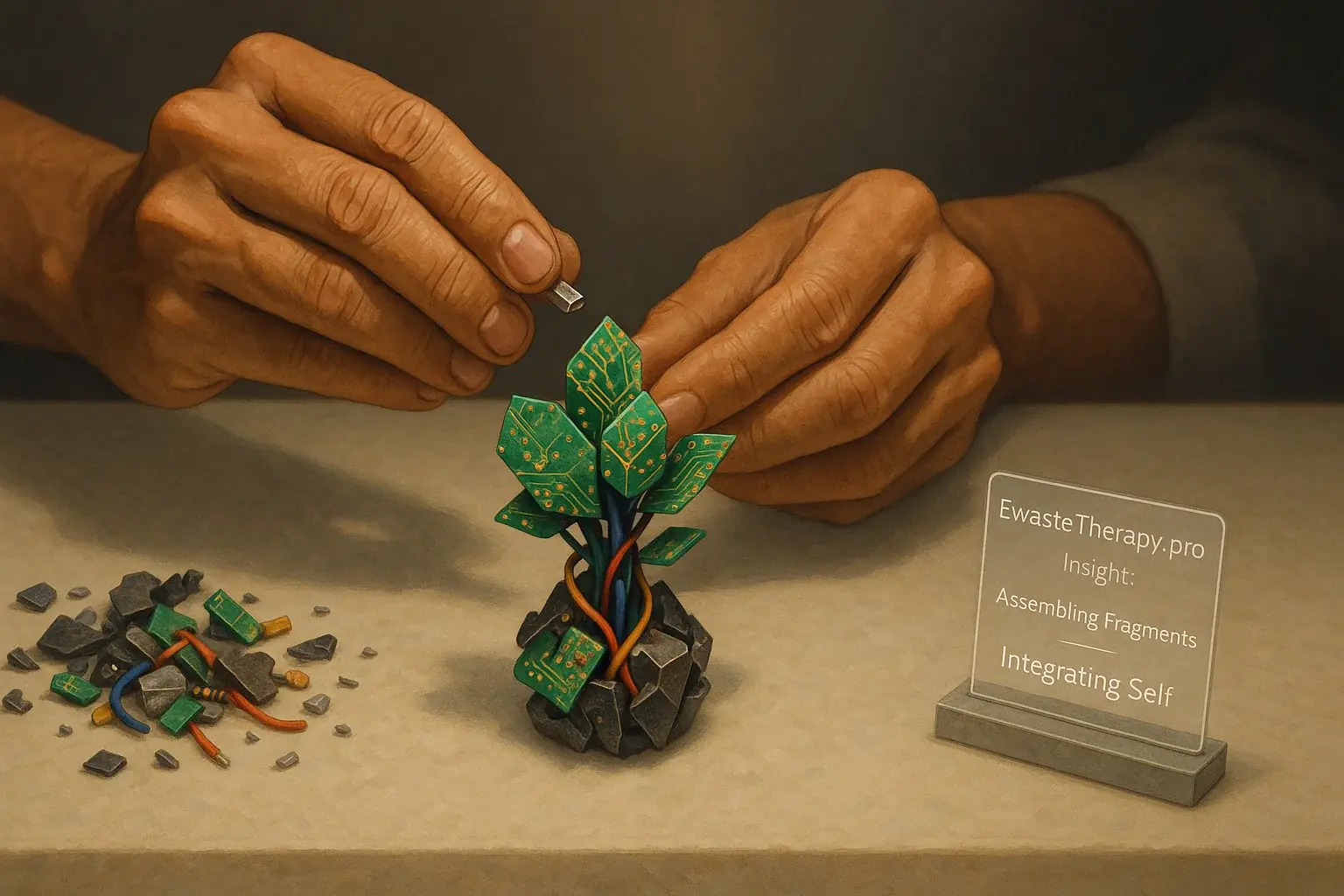 Hands carefully assemble scattered e-waste (circuits, wires), transforming fragments into a cohesive, artistic whole.