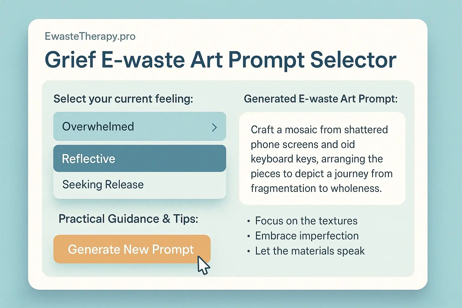 Interactive Grief E-waste Art Prompt Selector: dropdown, generated art idea for grief healing, and tips.