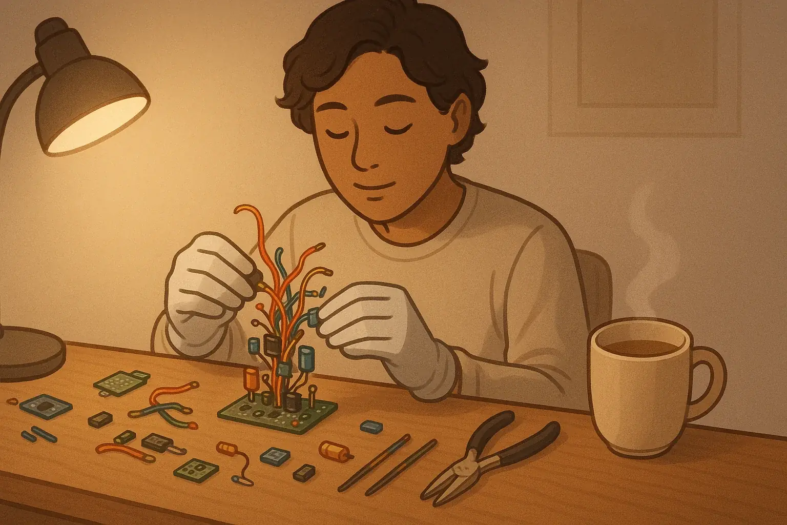 Person mindfully crafts e-waste art with tea, gloves; fostering safety, self-care, grief healing.
