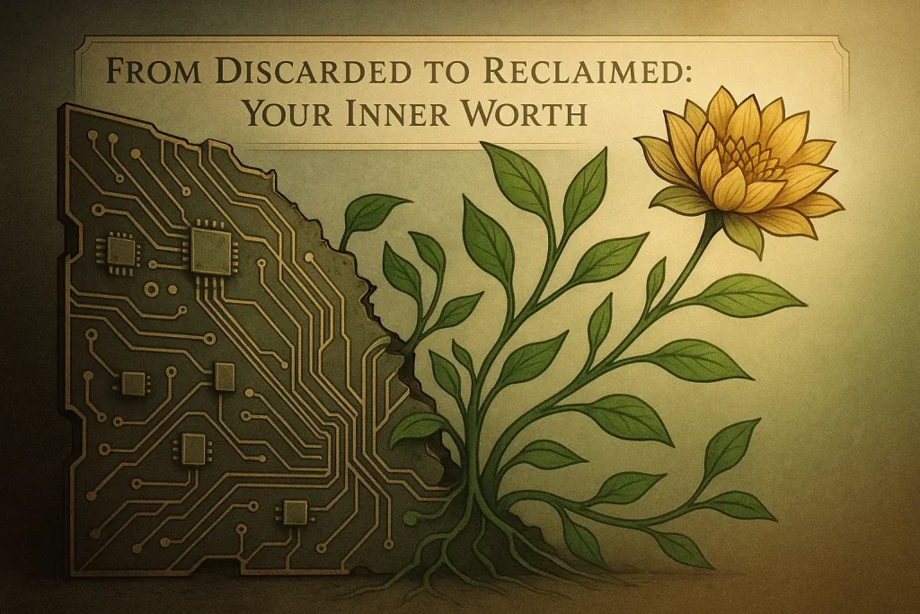 Infographic: Broken circuit board becomes thriving plant, symbolizing 'From Discarded to Reclaimed: Your Inner Worth.'
