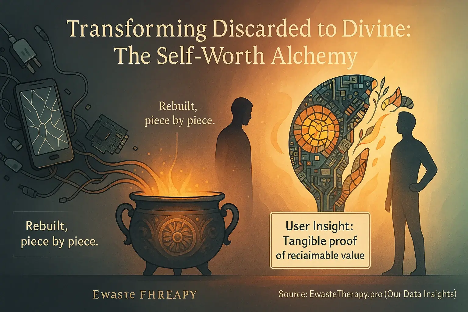 E-waste becomes art in crucible, silhouette gains confidence. Self-worth alchemy: transforming discarded to divine.